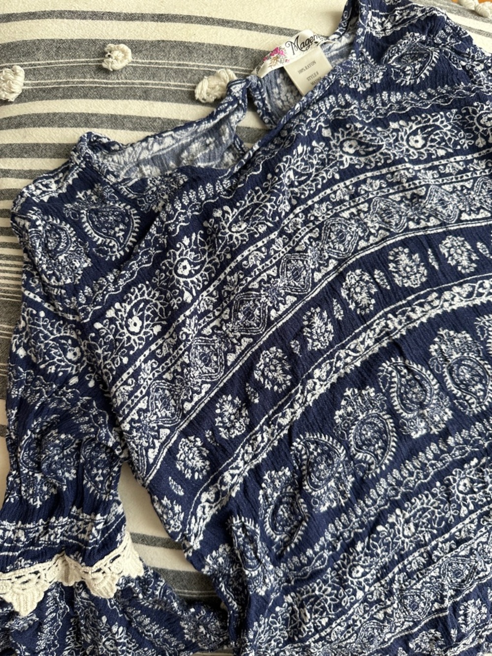 Magenta Navy & White Paisley Printed Peasant Top